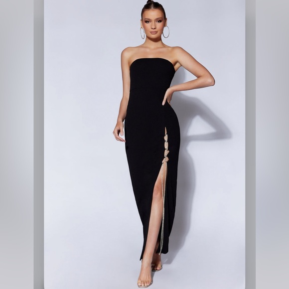 Meshki Imogen Diamante Rope Strapless Midi Dress With Split - Picture 1 of 8